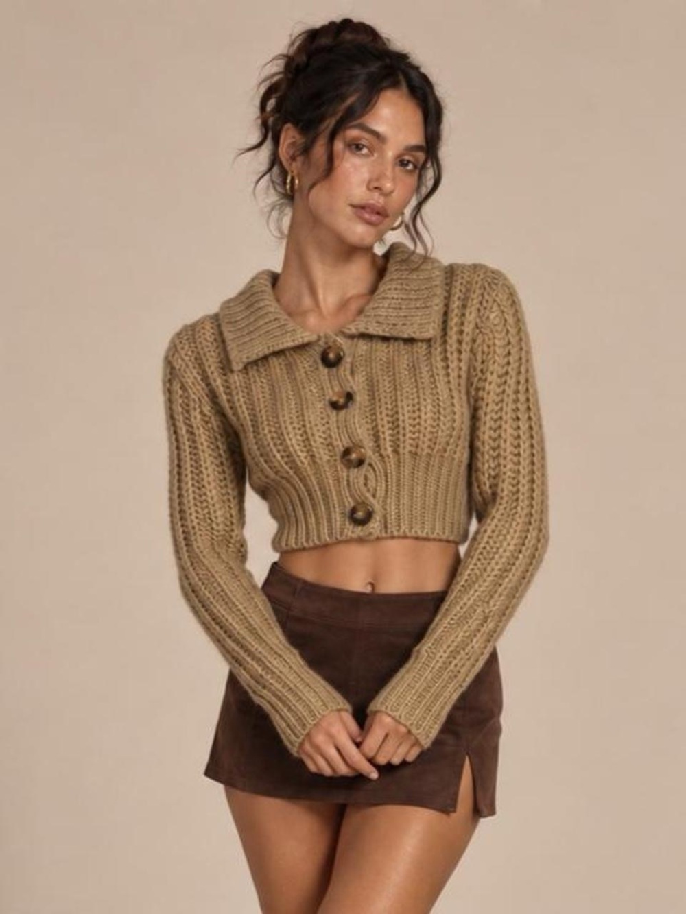 Cropped Collared Cable Knit Sweater - Tan